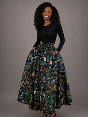 Ankara African Print Maxi Skirt | Bold & Beautiful Statement Skirt - Black Multi